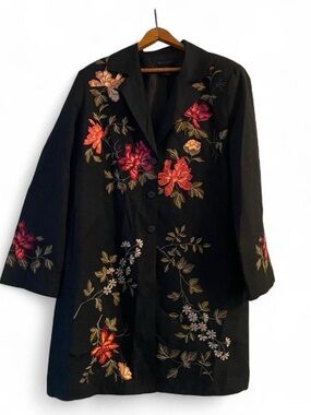 Silk Land Women's XL Black Embroidered Floral Structured Blazer Long Jacket